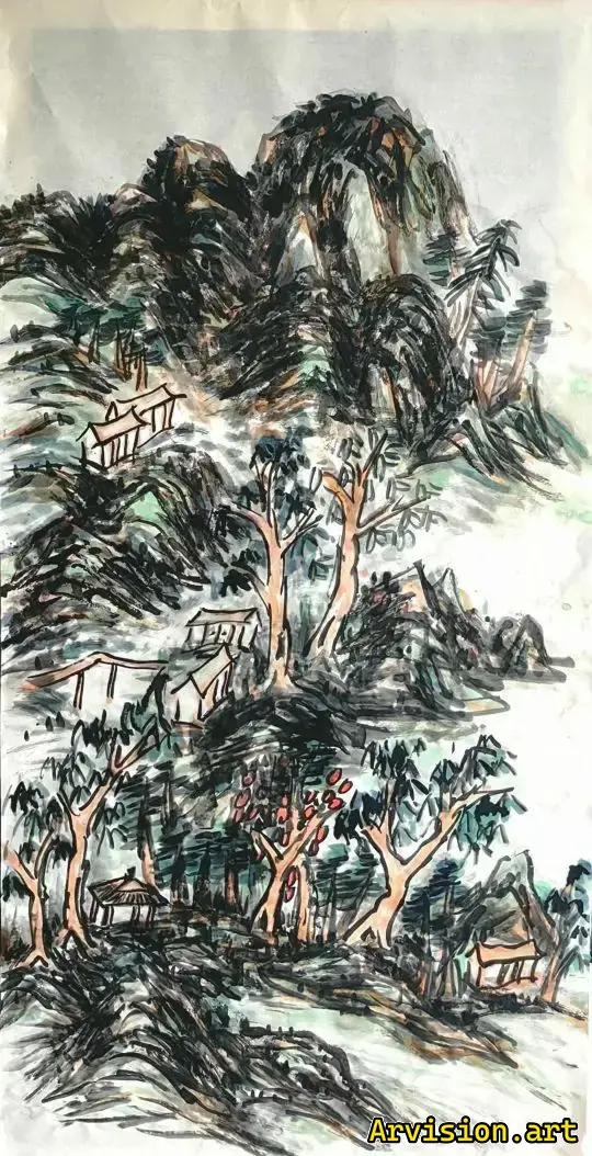 Chinese ink painting of cabin in the forest