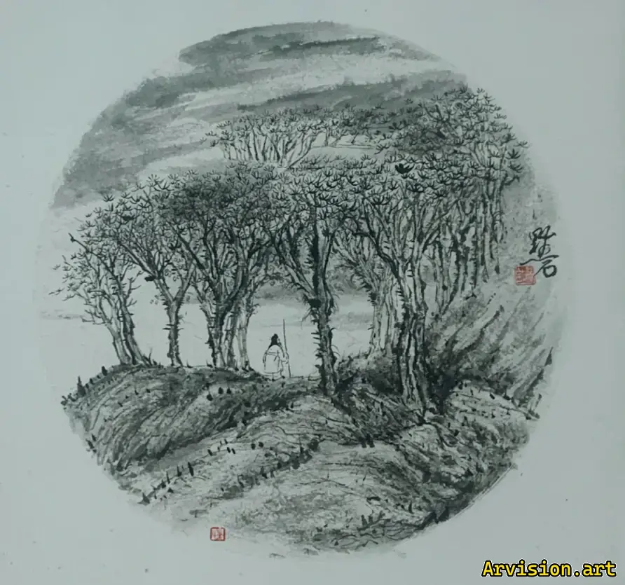 A misty rain and rain Ren Pingsheng ink painting Chinese ink painting works