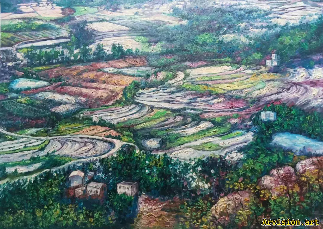 Wang Lin's oil painting of green fields