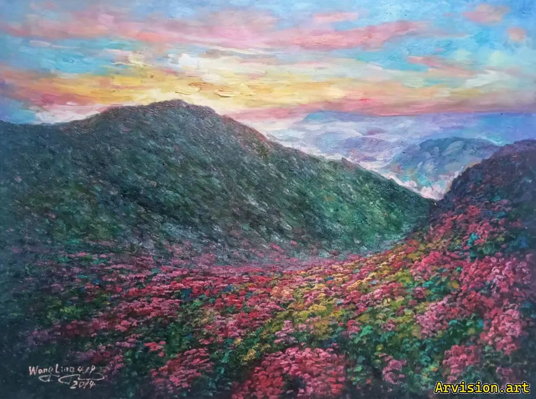 Wang Lin's oil painting of azaleas blooming on the Dabie Mountains