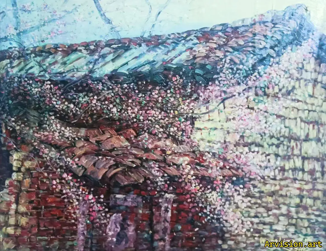 Wang Lin's Oil Painting of Old House and Red Apricot