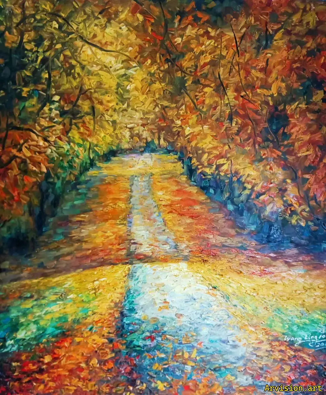 Wang Lin's oil painting of rural roads in late autumn