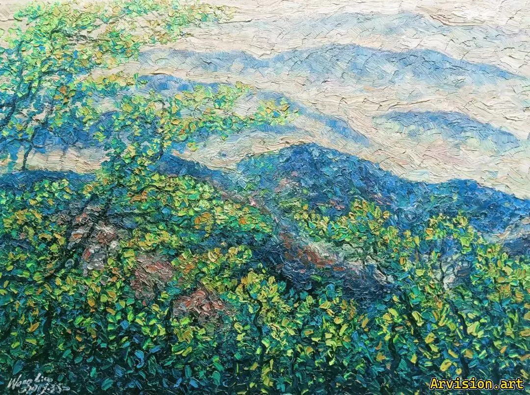 Wang Lin's oil painting of green mountains embracing greenery