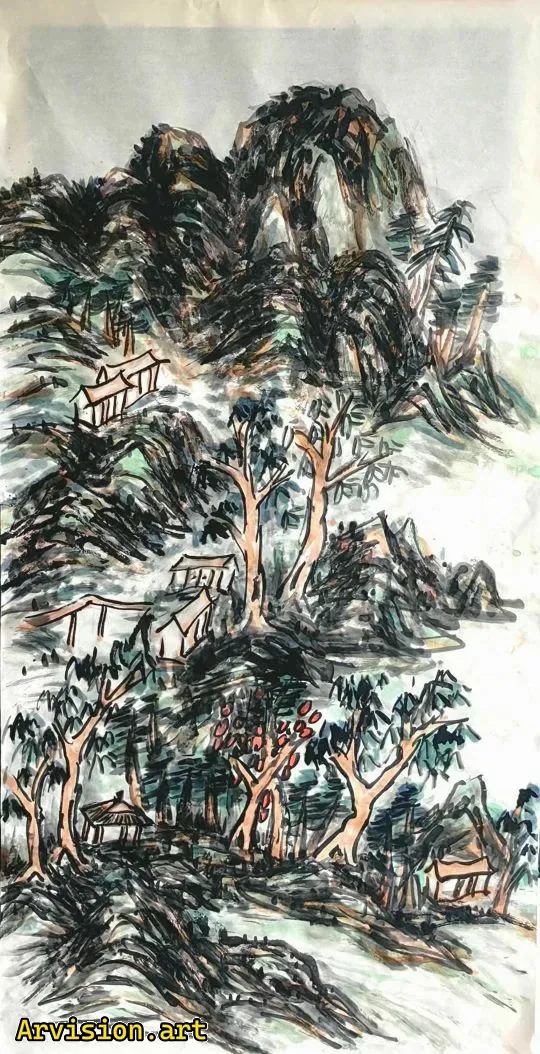Chinese ink painting of cabin in the forest