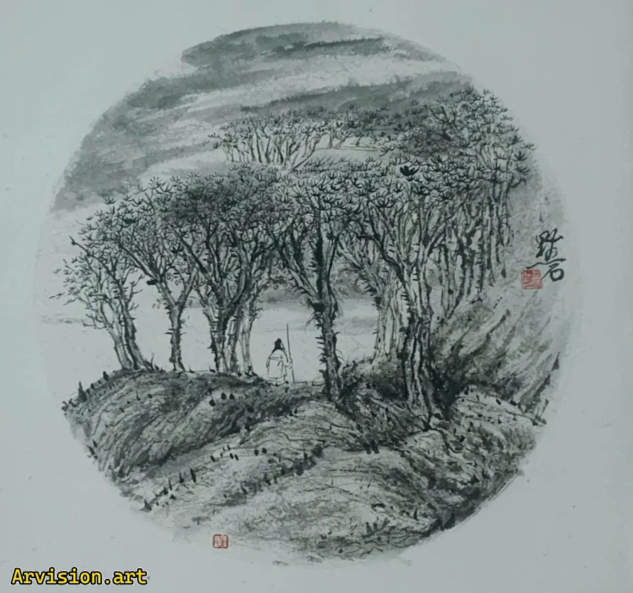 A misty rain and rain Ren Pingsheng ink painting Chinese ink painting works