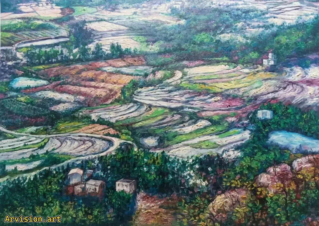 Wang Lin's oil painting of green fields