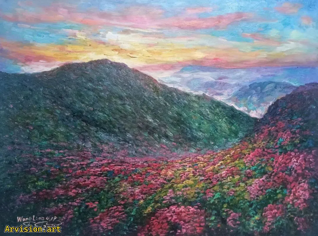 Wang Lin's oil painting of azaleas blooming on the Dabie Mountains