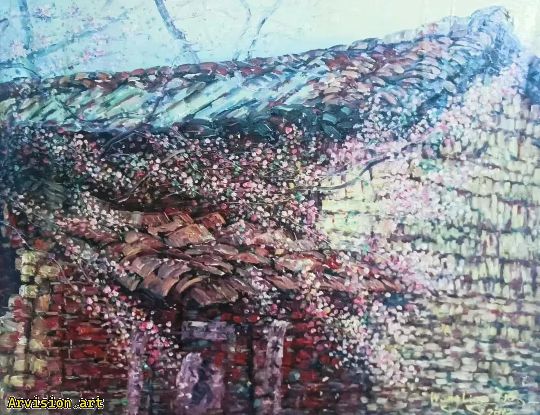 Wang Lin's Oil Painting of Old House and Red Apricot