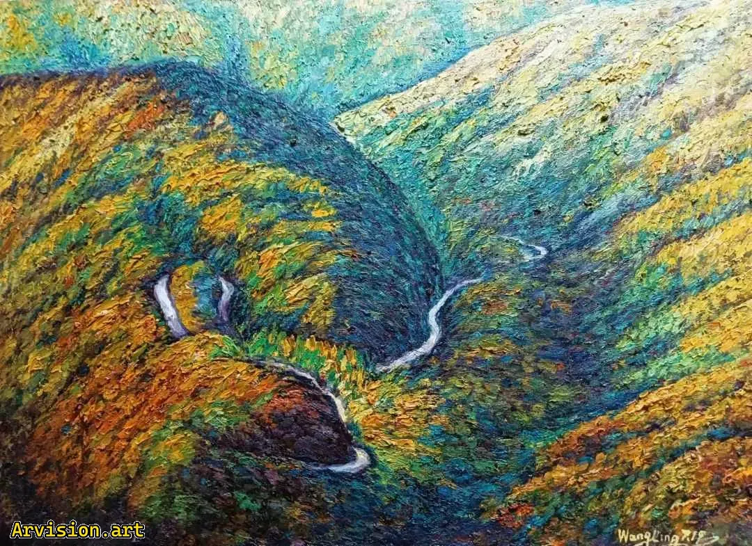 Wang Lin's oil painting of overlapping peaks and ridges