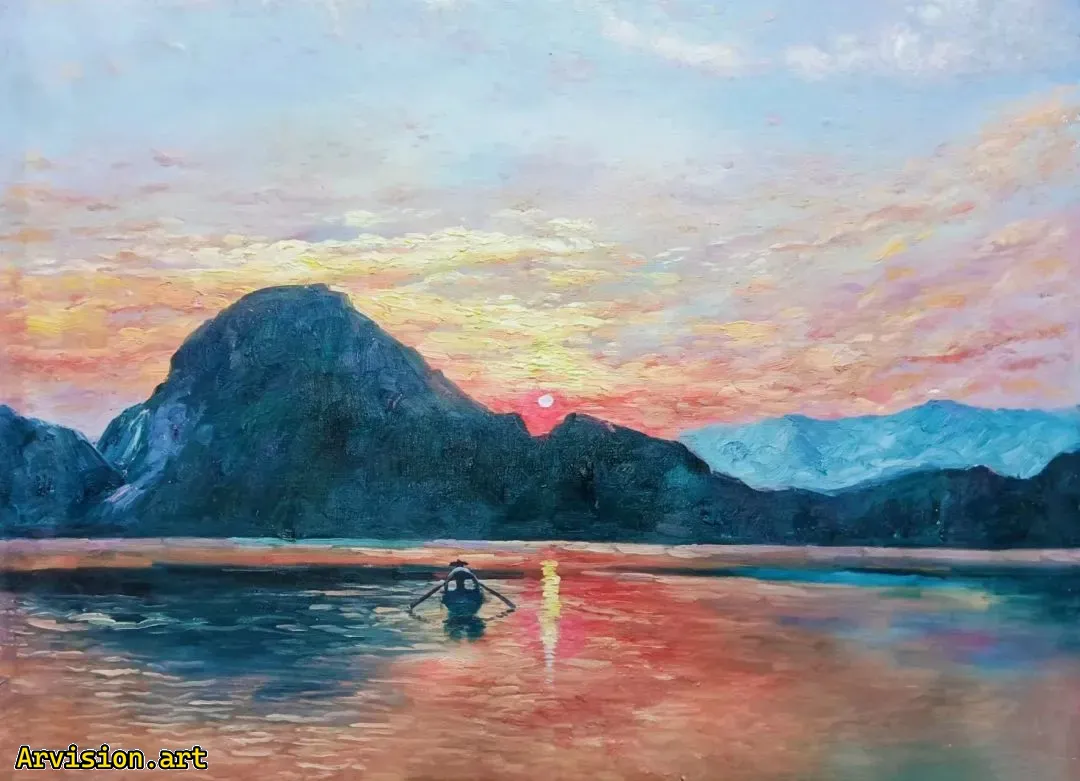 Wang Lin's Oil Painting of Lone Boat and Sunset