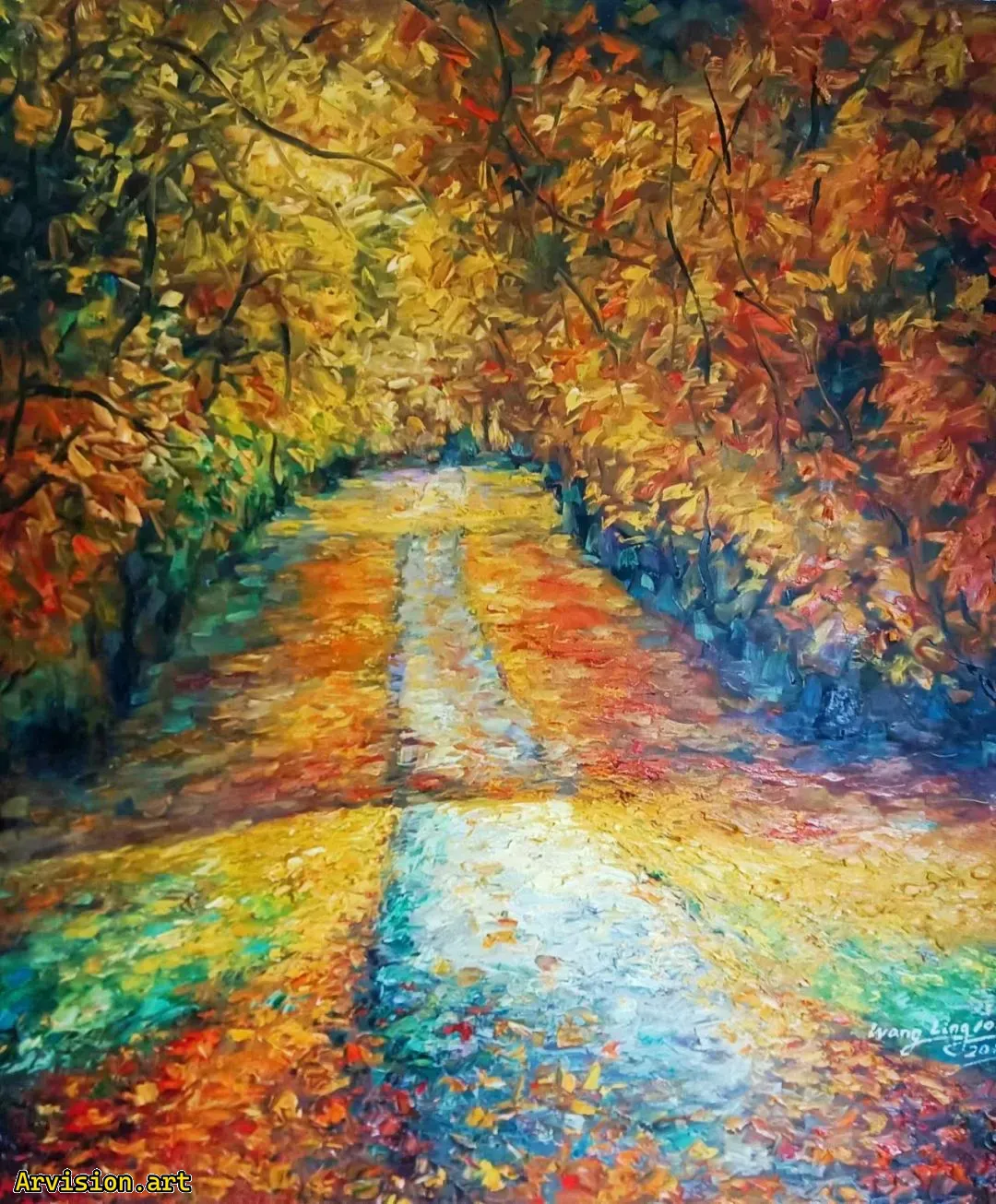 Wang Lin's oil painting of rural roads in late autumn