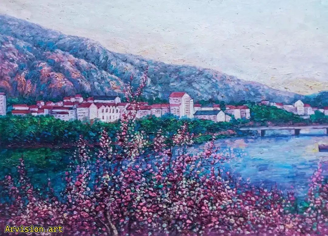 Wang Lin's oil painting is in the place where peach blossoms are blooming
