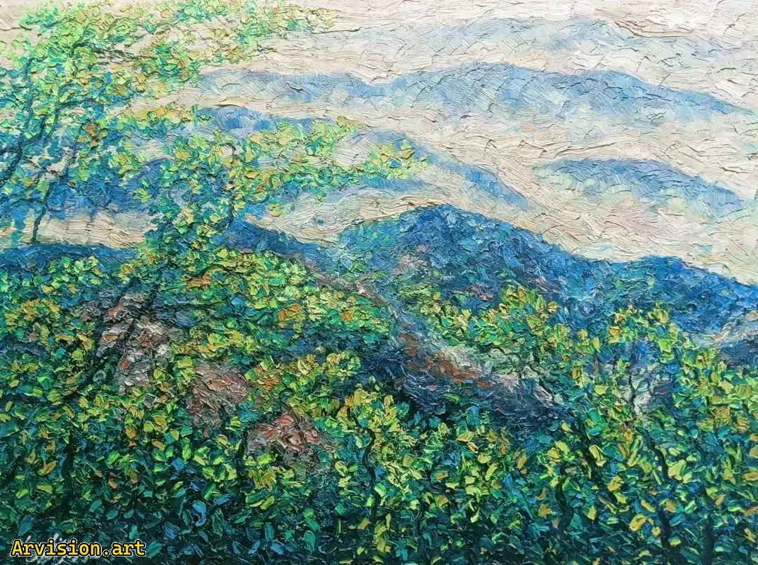 Wang Lin's oil painting of green mountains embracing greenery